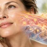 Frau berührt ihre Gesichtshaut, daneben Darstellung der Energieversorgung und Regeneration der Haut
