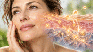 Frau berührt ihre Gesichtshaut, daneben Darstellung der Energieversorgung und Regeneration der Haut