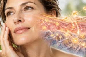 Frau berührt ihre Gesichtshaut, daneben Darstellung der Energieversorgung und Regeneration der Haut
