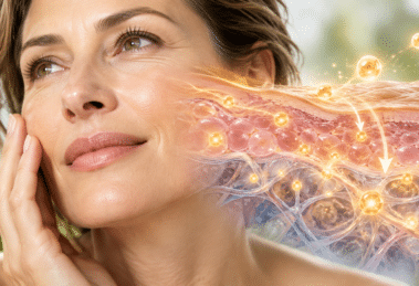 Frau berührt ihre Gesichtshaut, daneben Darstellung der Energieversorgung und Regeneration der Haut