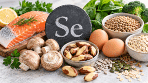 Selenhaltige Lebensmittel wie Fisch, Eier, Paranüsse, Pilze und Hülsenfrüchte