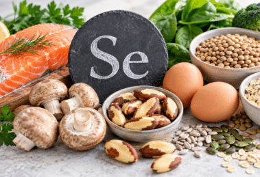 Selenhaltige Lebensmittel wie Fisch, Eier, Paranüsse, Pilze und Hülsenfrüchte